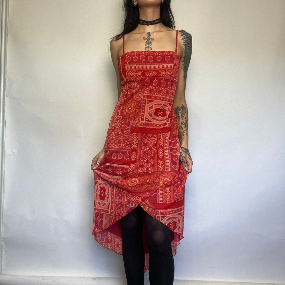 City Triangles Red Patchwork Print Asymmetrical Midi Dress Boho Y2K XL
Price